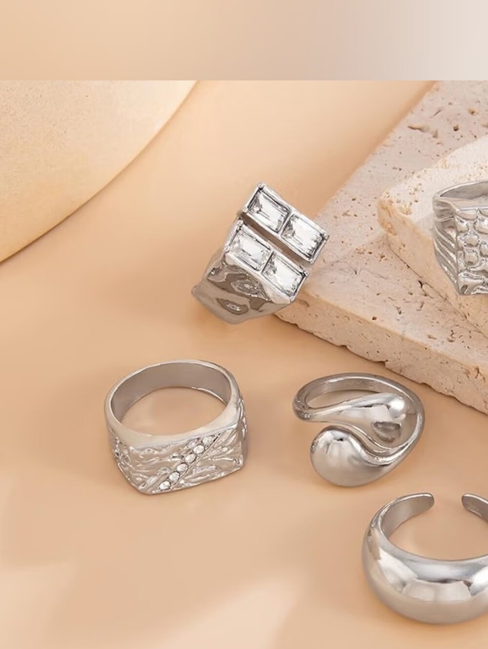 5Pcs Chunky Rhinestone Hammered Stackable Rings Set - Picture 4 of 6